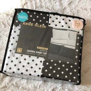 Anne Klein QUEEN Reversible Sheet Set Black White Polka Dot Designer Bedding